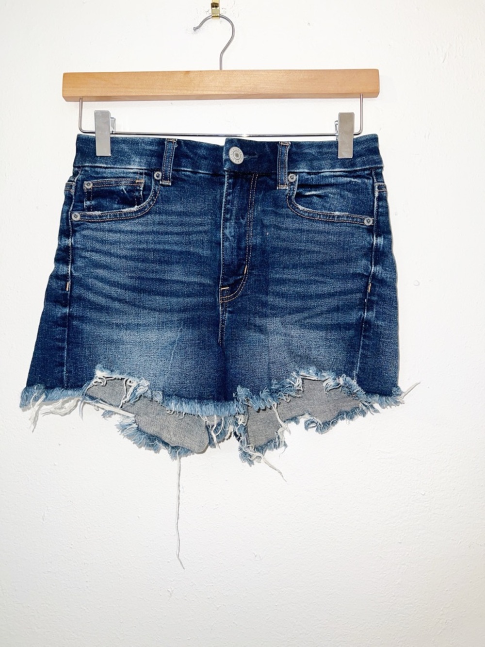 American Eagle Dark Wash Blue Raw Hem Frayed Denim Hi-Rise Shortie Jean Shorts